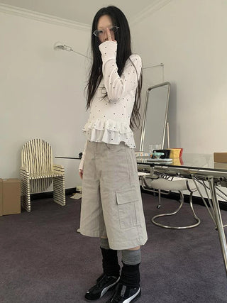 Retro High Waisted Cargo Capri Pants With Oversized Pockets