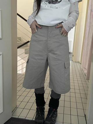 Retro High Waisted Cargo Capri Pants With Oversized Pockets