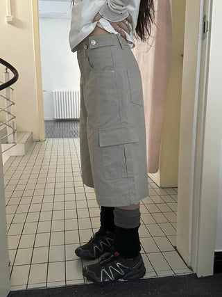 Retro High Waisted Cargo Capri Pants With Oversized Pockets