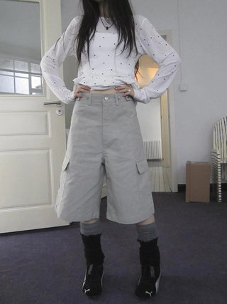 Retro High Waisted Cargo Capri Pants With Oversized Pockets