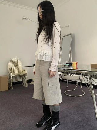 Retro High Waisted Cargo Capri Pants With Oversized Pockets