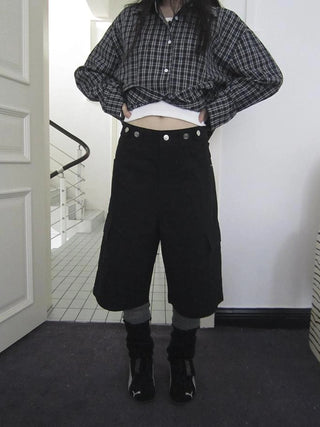 Retro High Waisted Cargo Capri Pants With Oversized Pockets