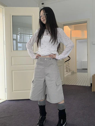 Retro High Waisted Cargo Capri Pants With Oversized Pockets