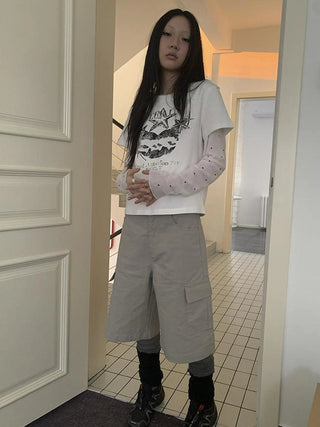 Retro High Waisted Cargo Capri Pants With Oversized Pockets