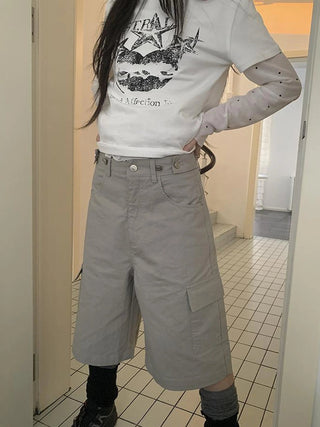 Retro High Waisted Cargo Capri Pants With Oversized Pockets