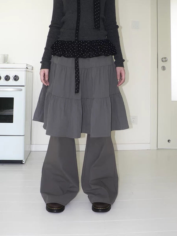 Retro Minimalist Gray Spliced Skort Straight Leg Natural Waist One Size Pants