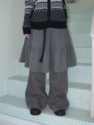 Retro Minimalist Gray Spliced Skort Straight Leg Natural Waist One Size Pants