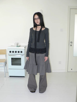 Retro Minimalist Gray Spliced Skort Straight Leg Natural Waist One Size Pants