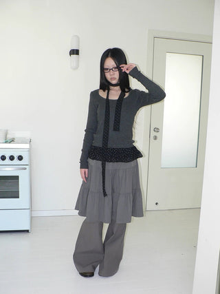 Retro Minimalist Gray Spliced Skort Straight Leg Natural Waist One Size Pants