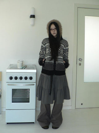Retro Minimalist Gray Spliced Skort Straight Leg Natural Waist One Size Pants