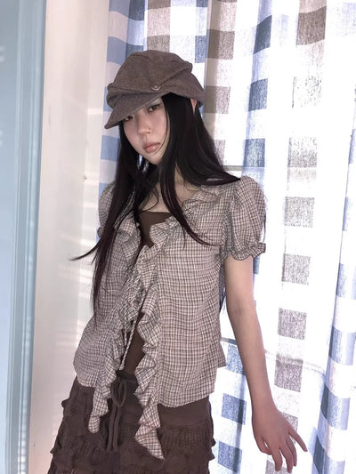 Retro Plaid Patch Straight Faux Layered Tie V Neck Women Short Sleeve T-Shirt