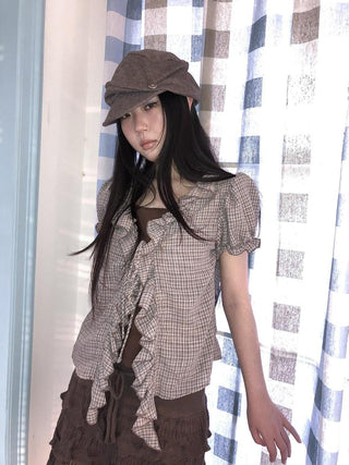 Retro Plaid Patch Straight Faux Layered Tie V Neck Women Short Sleeve T-Shirt