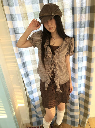 Retro Plaid Patch Straight Faux Layered Tie V Neck Women Short Sleeve T-Shirt