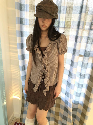 Retro Plaid Patch Straight Faux Layered Tie V Neck Women Short Sleeve T-Shirt