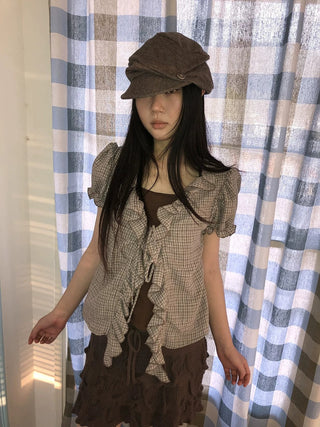 Retro Plaid Patch Straight Faux Layered Tie V Neck Women Short Sleeve T-Shirt