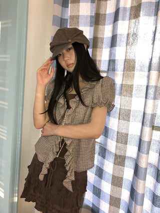 Retro Plaid Patch Straight Faux Layered Tie V Neck Women Short Sleeve T-Shirt