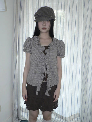 Retro Plaid Patch Straight Faux Layered Tie V Neck Women Short Sleeve T-Shirt