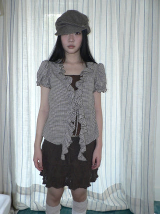 Retro Plaid Patch Straight Faux Layered Tie V Neck Women Short Sleeve T-Shirt