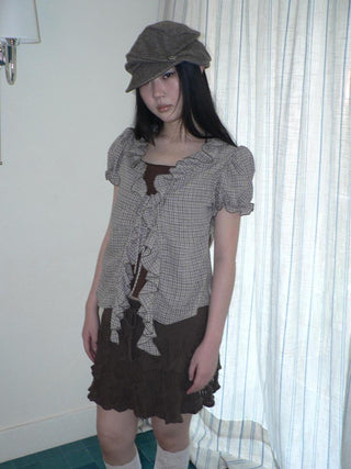 Retro Plaid Patch Straight Faux Layered Tie V Neck Women Short Sleeve T-Shirt