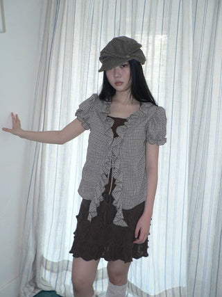 Retro Plaid Patch Straight Faux Layered Tie V Neck Women Short Sleeve T-Shirt