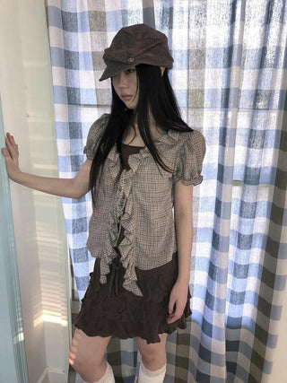 Retro Plaid Patch Straight Faux Layered Tie V Neck Women Short Sleeve T-Shirt