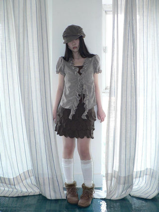 Retro Plaid Patch Straight Faux Layered Tie V Neck Women Short Sleeve T-Shirt
