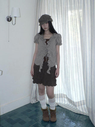 Retro Plaid Patch Straight Faux Layered Tie V Neck Women Short Sleeve T-Shirt