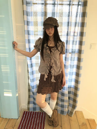 Retro Plaid Patch Straight Faux Layered Tie V Neck Women Short Sleeve T-Shirt