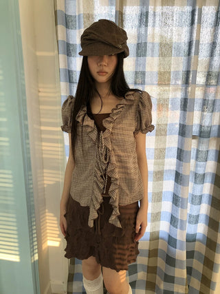 Retro Plaid Patch Straight Faux Layered Tie V Neck Women Short Sleeve T-Shirt