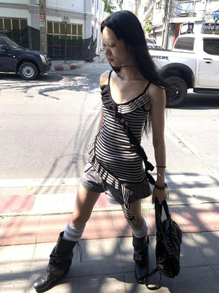 Retro Ribbon Trimmed Black And Gray Striped Knit Camisole Top