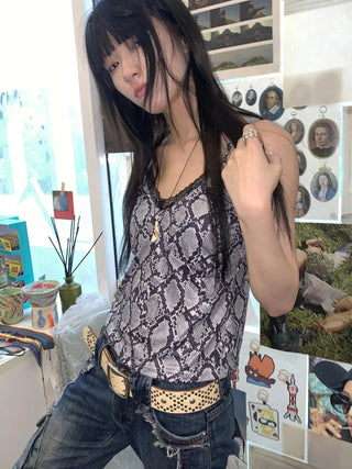Retro Ribbon Trimmed Black And Gray Striped Knit Camisole Top