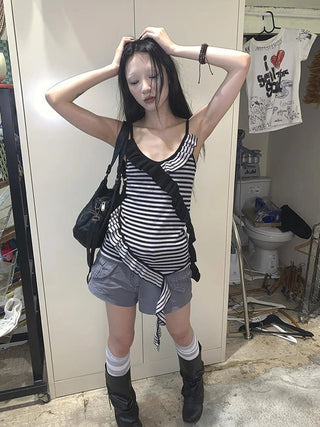 Retro Ribbon Trimmed Black And Gray Striped Knit Camisole Top