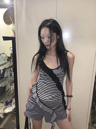 Retro Ribbon Trimmed Black And Gray Striped Knit Camisole Top