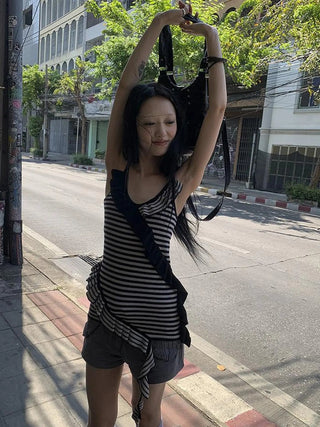 Retro Ribbon Trimmed Black And Gray Striped Knit Camisole Top