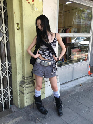 Retro Ribbon Trimmed Black And Gray Striped Knit Camisole Top