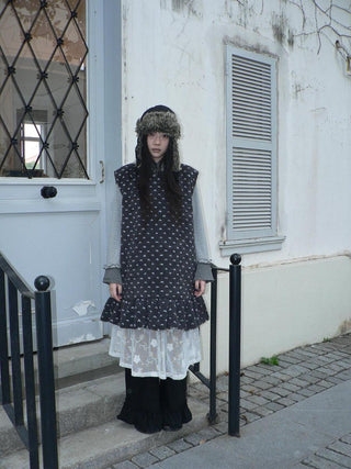 Retro Workwear Printed Loose Fit Sleeveless Pullover Gray Women Casual Midi Skirt