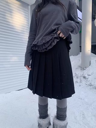 Side Zipper Pleated Korean Style Casual Women Natural Waist Midi Skirt