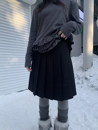 Side Zipper Pleated Korean Style Casual Women Natural Waist Midi Skirt