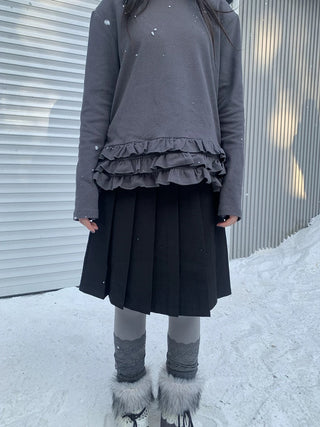 Side Zipper Pleated Korean Style Casual Women Natural Waist Midi Skirt