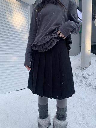 Side Zipper Pleated Korean Style Casual Women Natural Waist Midi Skirt