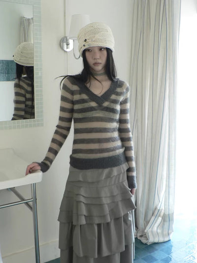 Slim V Neck Contrast Striped Commuter Women Knit Long Sleeve T-Shirt