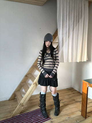 Slim V Neck Contrast Striped Commuter Women Knit Long Sleeve T-Shirt