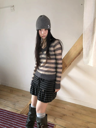 Slim V Neck Contrast Striped Commuter Women Knit Long Sleeve T-Shirt