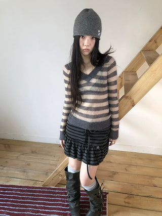 Slim V Neck Contrast Striped Commuter Women Knit Long Sleeve T-Shirt