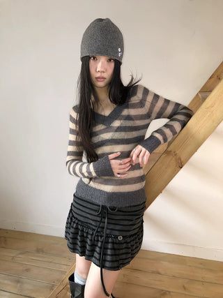 Slim V Neck Contrast Striped Commuter Women Knit Long Sleeve T-Shirt