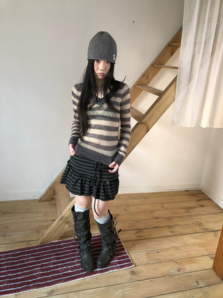 Slim V Neck Contrast Striped Commuter Women Knit Long Sleeve T-Shirt