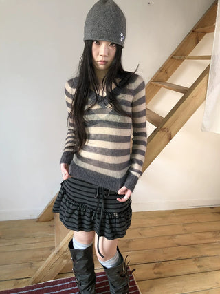Slim V Neck Contrast Striped Commuter Women Knit Long Sleeve T-Shirt