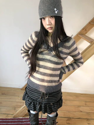 Slim V Neck Contrast Striped Commuter Women Knit Long Sleeve T-Shirt
