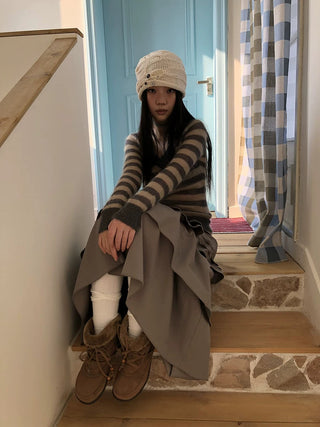 Slim V Neck Contrast Striped Commuter Women Knit Long Sleeve T-Shirt