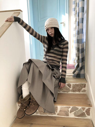 Slim V Neck Contrast Striped Commuter Women Knit Long Sleeve T-Shirt